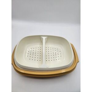 Tupperware Harvest Gold Oval Microwave Steamer Strainer 3 Piece Set 12"